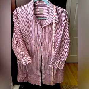 Chico's Linen Red & White Striped Black Polka Dot Button Down Shirt Size 12/14